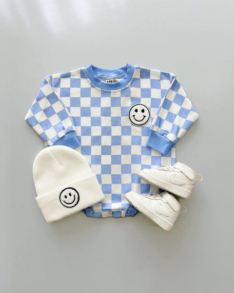 Checkered Smiley Long Sleeve Bubble Romper | Blue - PREORDER