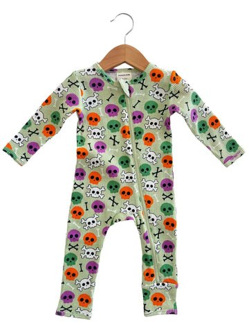 Waffle Zip Romper | Green Candy Skulls - PREORDER