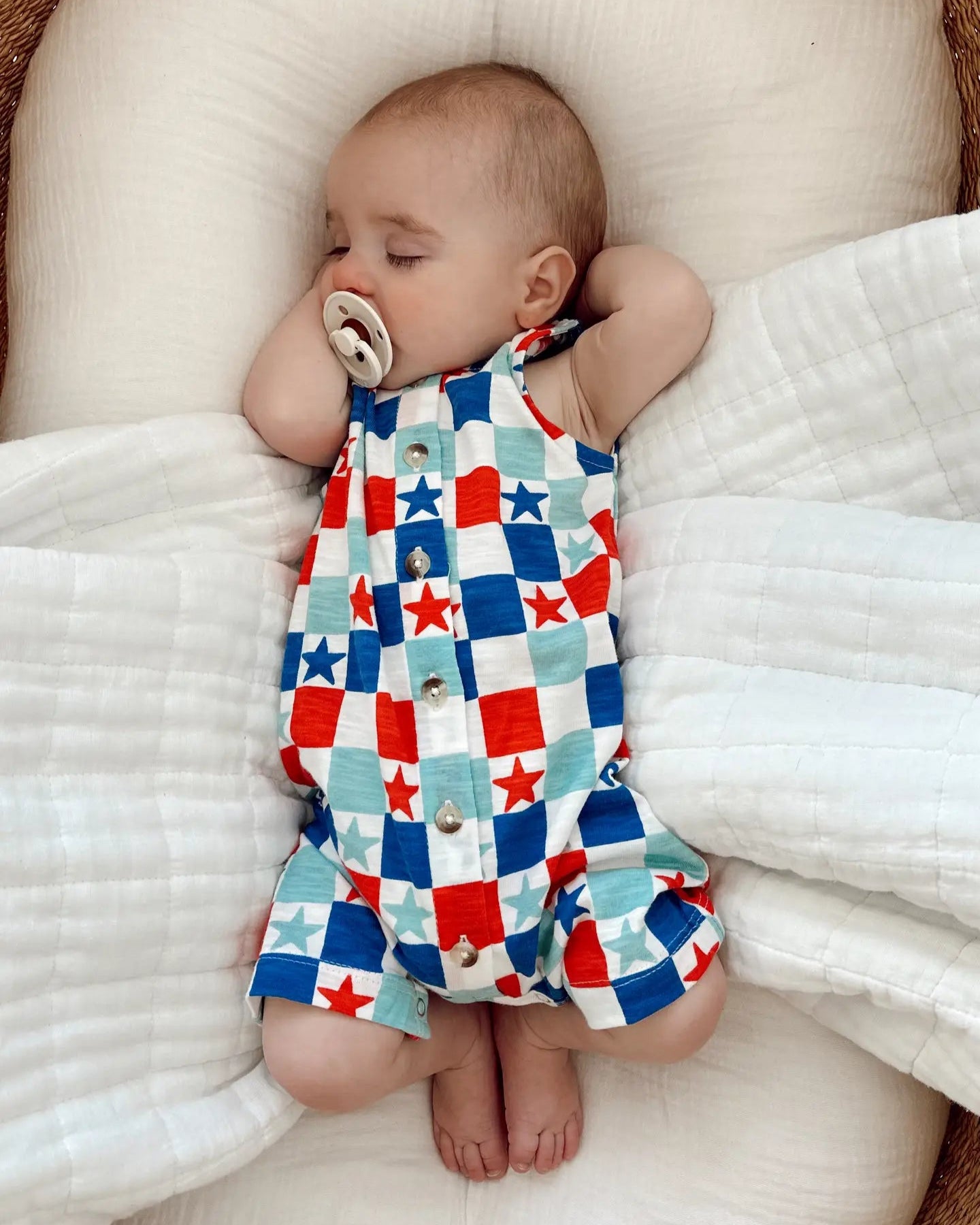 Tank Button Shorts Romper | Blue USA Checkerboard & Stars - PREORDER