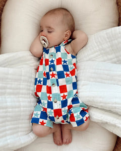 Tank Button Shorts Romper | Blue USA Checkerboard & Stars - PREORDER