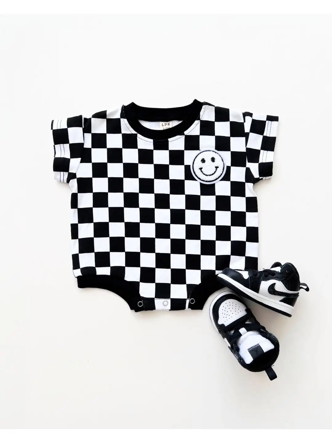 Checkered Smiley Short Sleeve Bubble Romper | Black - PREORDER