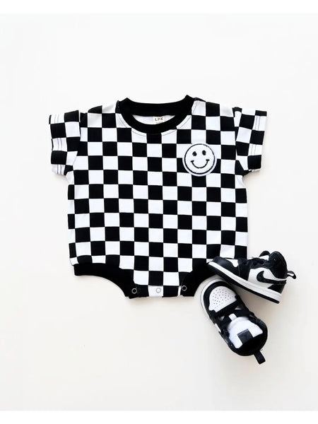 Checkered Smiley Short Sleeve Bubble Romper | Black - PREORDER
