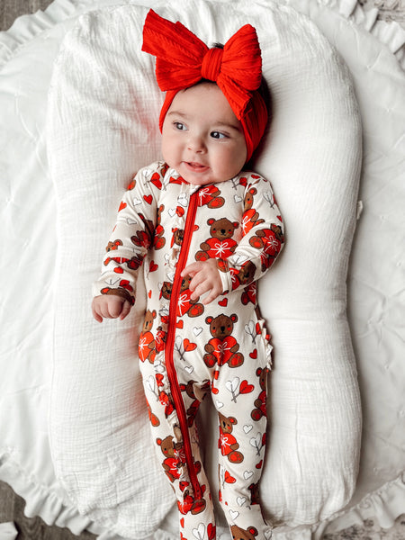 Zip Ruffle Footie Romper | Valentine Bear - PREORDER
