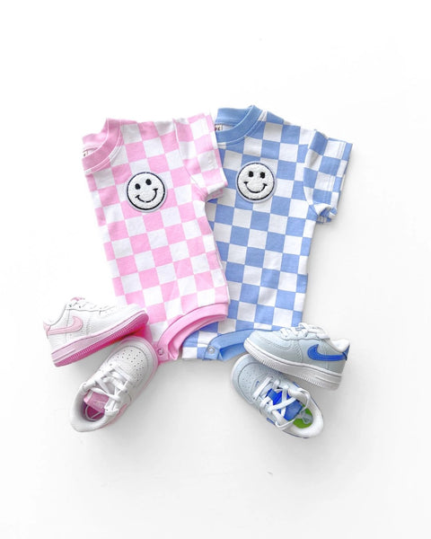 Checkered Smiley Short Sleeve Bubble Romper | Pink - PREORDER