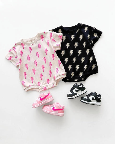 Short Sleeve Bubble Romper | Pink Bolts - PREORDER