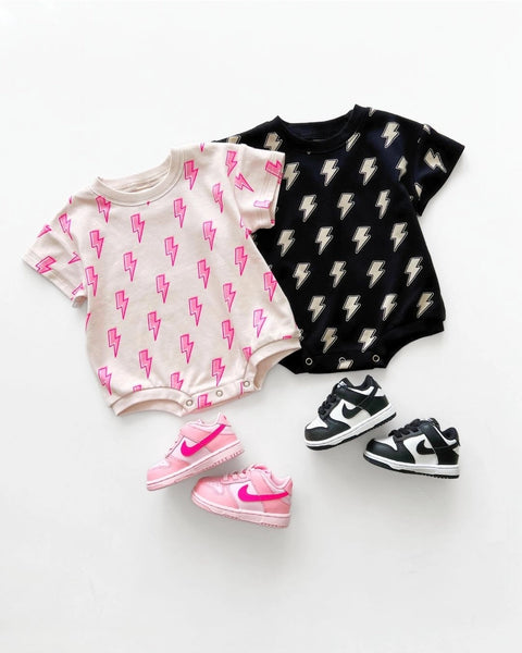 Short Sleeve Bubble Romper | Black Bolts - PREORDER