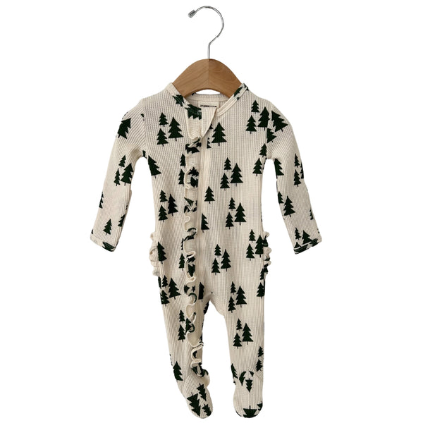 Waffle Zip Ruffle Footie Romper | Green Christmas Trees - PREORDER