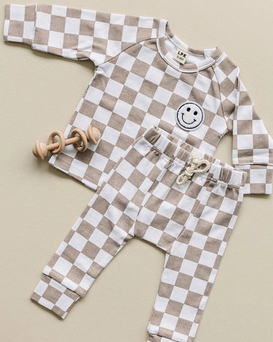 Checkered Smiley Top & Pants Set | Latte - PREORDER
