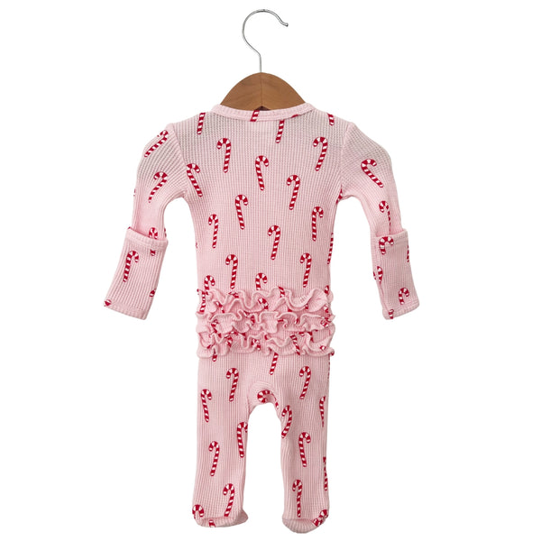 Waffle Zip Ruffle Footie Romper | Pink Candy Cane - PREORDER