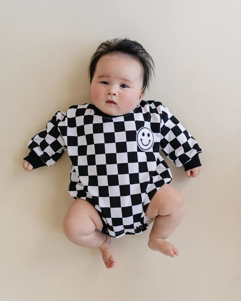 Checkered Smiley Long Sleeve Bubble Romper | Black - PREORDER