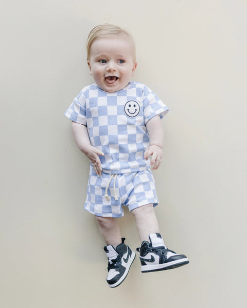 Checkered Smiley Top & Shorts Set | Blue - PREORDER