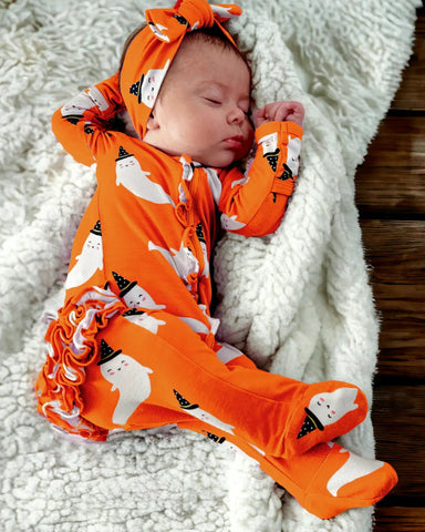 Zip Ruffle Footie Romper | Orange Ghost - PREORDER