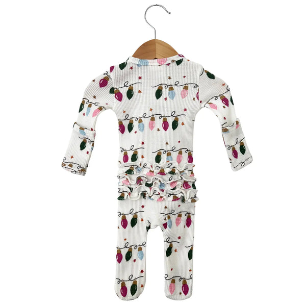 Waffle Zip Ruffle Footie Romper | Girly Christmas Lights - PREORDER