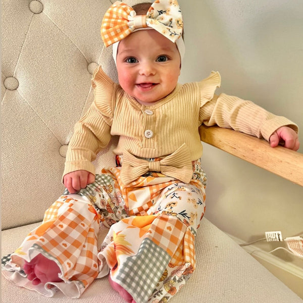 Fall Patchwork Ribbed Bells Outfit & Bow - PREORDER