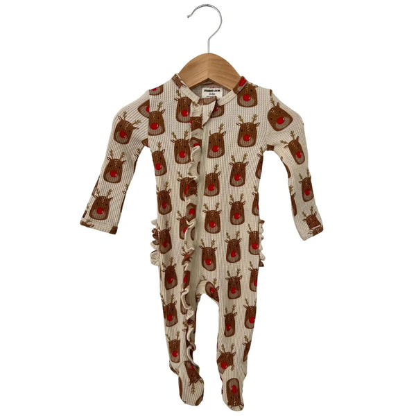Waffle Zip Ruffle Footie Romper | Reindeer - PREORDER