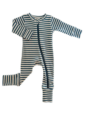 Ribbed Zip Romper | Steel Blue Stripes - PREORDER