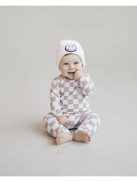 Checkered Smiley Top & Pants Set | Latte - PREORDER