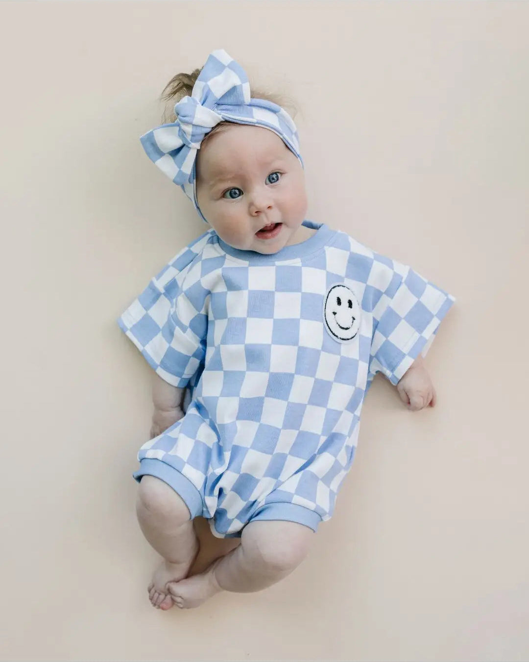 Checkered Smiley Short Sleeve Bubble Romper | Blue - PREORDER