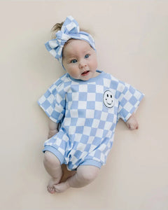 Checkered Smiley Short Sleeve Bubble Romper | Blue - PREORDER