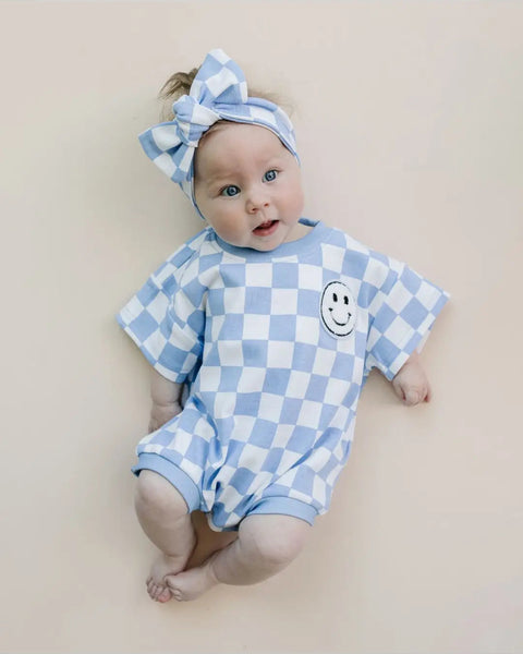 Checkered Smiley Short Sleeve Bubble Romper | Blue - PREORDER