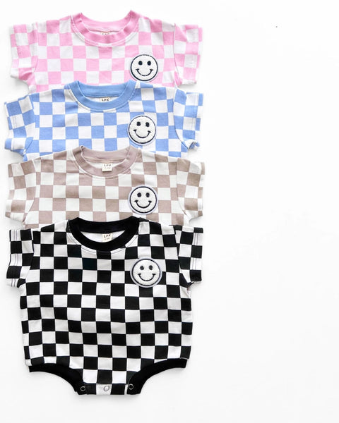 Checkered Smiley Short Sleeve Bubble Romper | Blue - PREORDER