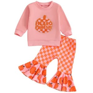 Hello Fall Checkered Pumpkins Bells Outfit & Bow - PREORDER