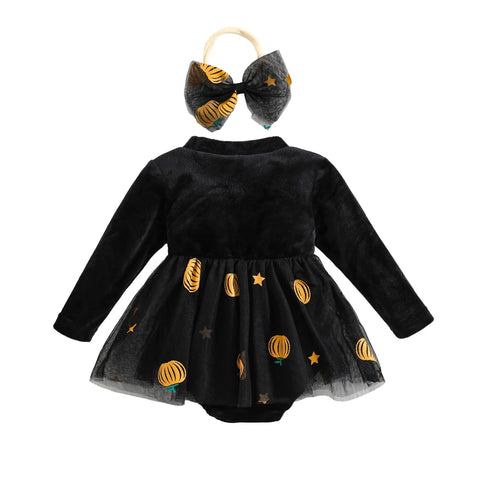 Black Velvet Pumpkins Romper & Bow - PREORDER