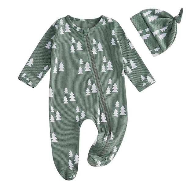 Christmas Trees Waffle Footie Romper & Hat - PREORDER