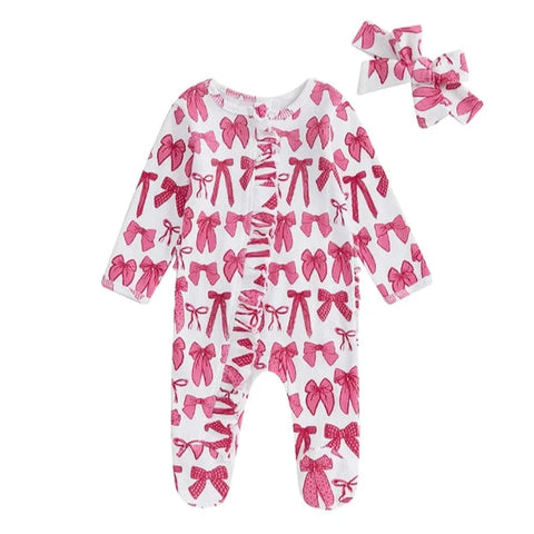 Cute Bows Waffle Ruffle Zipper Footie Romper & Bow - PREORDER