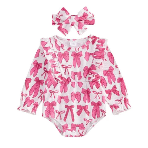 Cute Bows Ruffle Waffle Romper & Bow - PREORDER