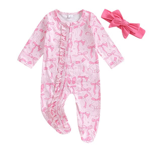 Hot Pink Bows & Stars Ruffle Zipper Footie Romper & Bow - PREORDER