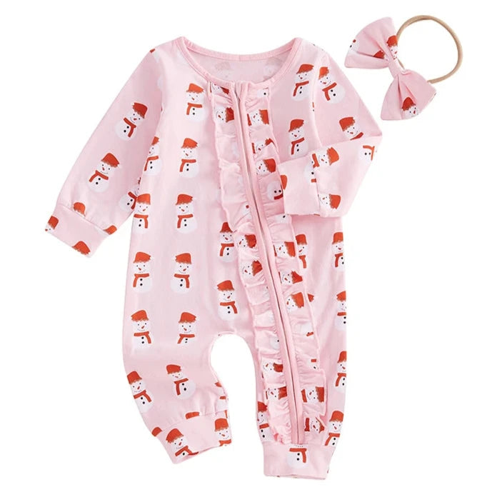 Pink Snowmen Zipper Romper & Bow - PREORDER