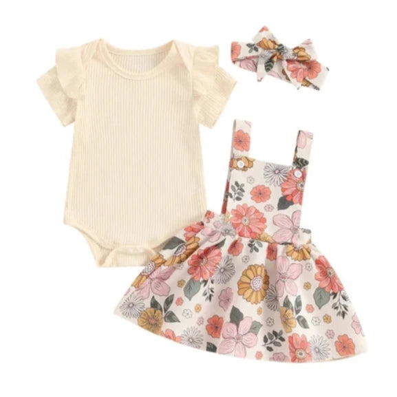 Kerah Floral Overalls Outfit Dress & Bow - PREORDER