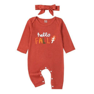 Hello Fall Waffle Pants Romper & Bow - PREORDER