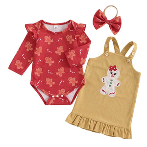 Gingerbreads & Candy Canes Overalls Outfit Dress & Bow - PREORDER