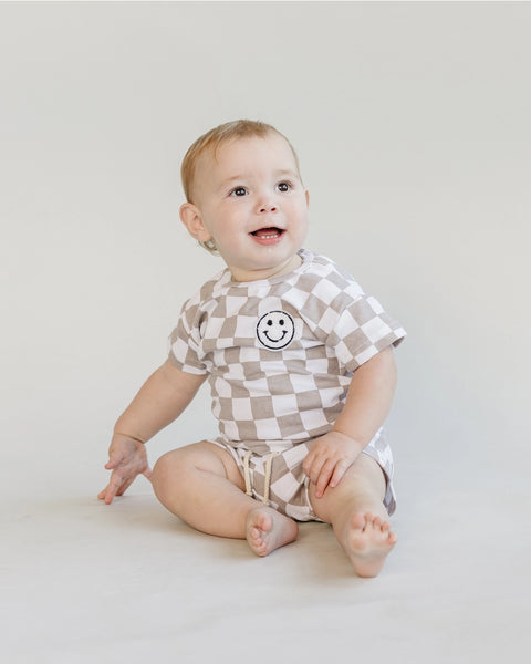 Checkered Smiley Top & Shorts Set | Latte - PREORDER