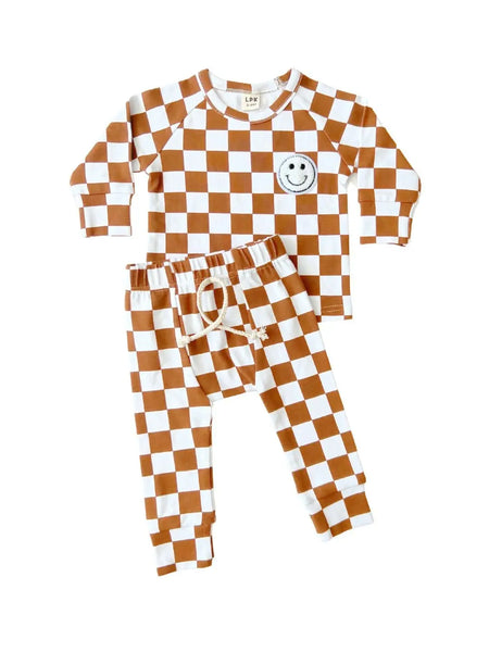 Checkered Smiley Top & Pants Set | Copper - PREORDER