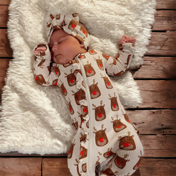 Waffle Zip Ruffle Footie Romper | Reindeer - PREORDER