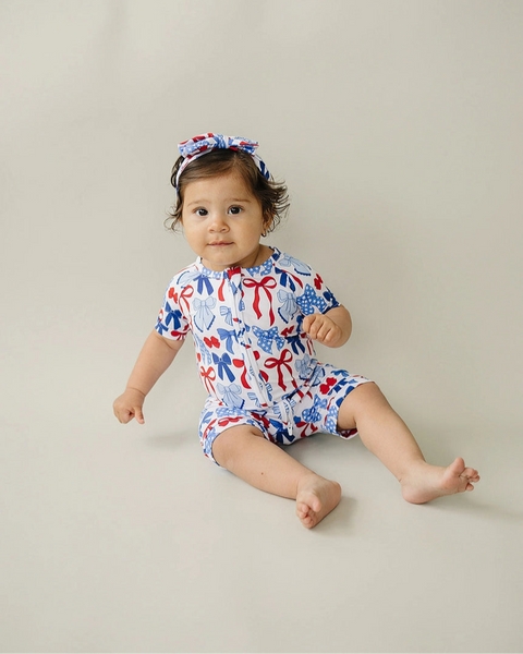 Bamboo Shorty Romper | Red-White & Bows - PREORDER