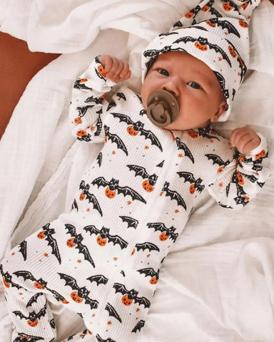 Waffle Zip Footie Romper | White Trick or Treating Bat - PREORDER