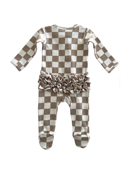 Zip Ruffle Footie Romper | Tiramisu Checkerboard - PREORDER
