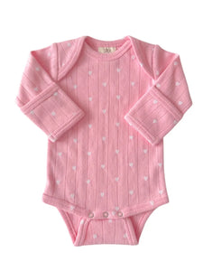 Organic Pointelle Long Sleeve Bodysuit | Pink w/ White Heart - PREORDER