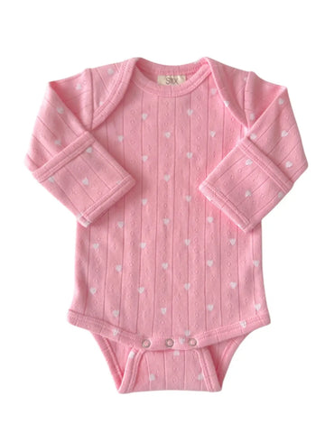 Organic Pointelle Long Sleeve Bodysuit | Pink w/ White Heart - PREORDER