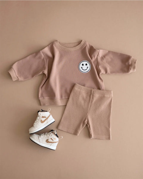 Smiley Top & Biker Shorts Set | Mocha - PREORDER