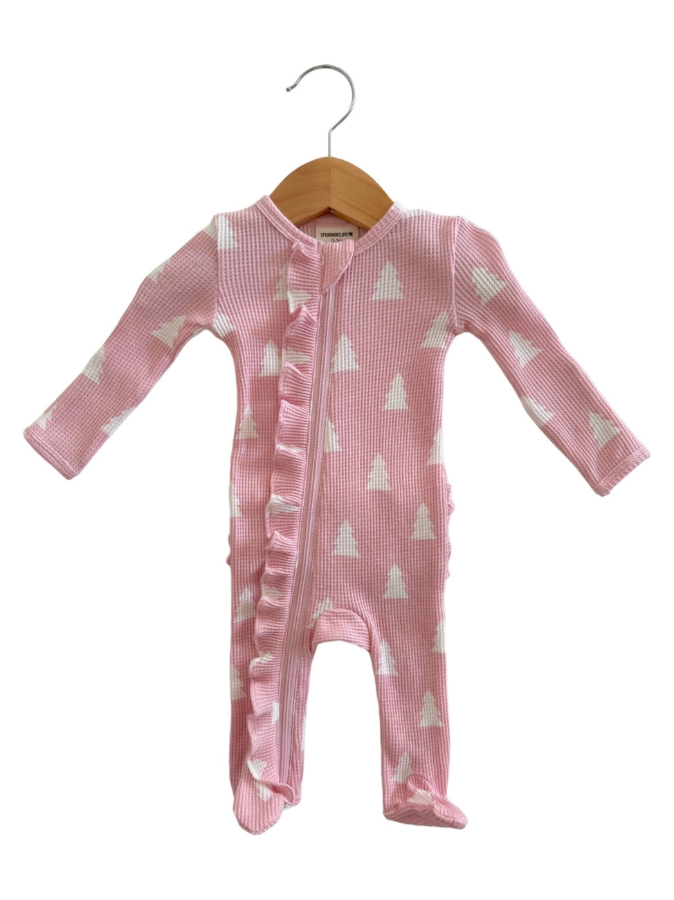 Waffle Zip Ruffle Footie Romper | Pink Christmas Trees - PREORDER