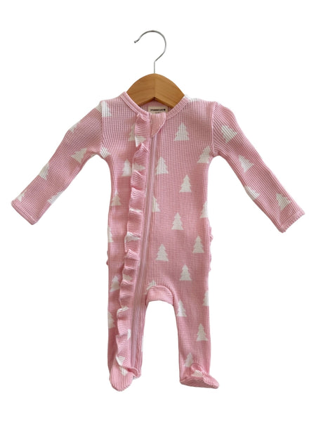 Waffle Zip Ruffle Footie Romper | Pink Christmas Trees - PREORDER