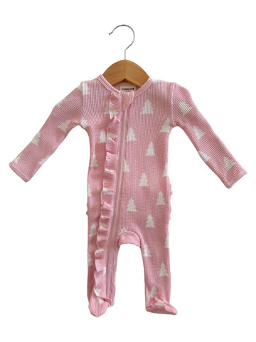 Waffle Zip Ruffle Footie Romper | Pink Christmas Trees - PREORDER