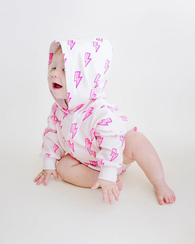 Hooded Bubble Romper | Pink Bolts - PREORDER