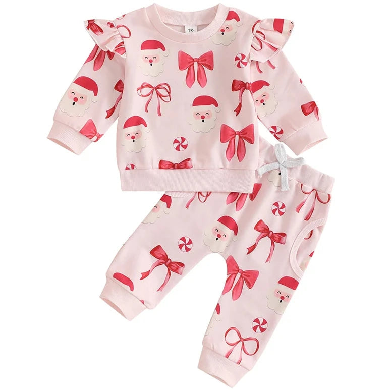 Santas & Big Red Christmas Bows Ruffle Jogger Outfit - PREORDER