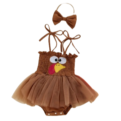 T is for Turkey Embroidered Tutu Romper Dress & Bow - PREORDER